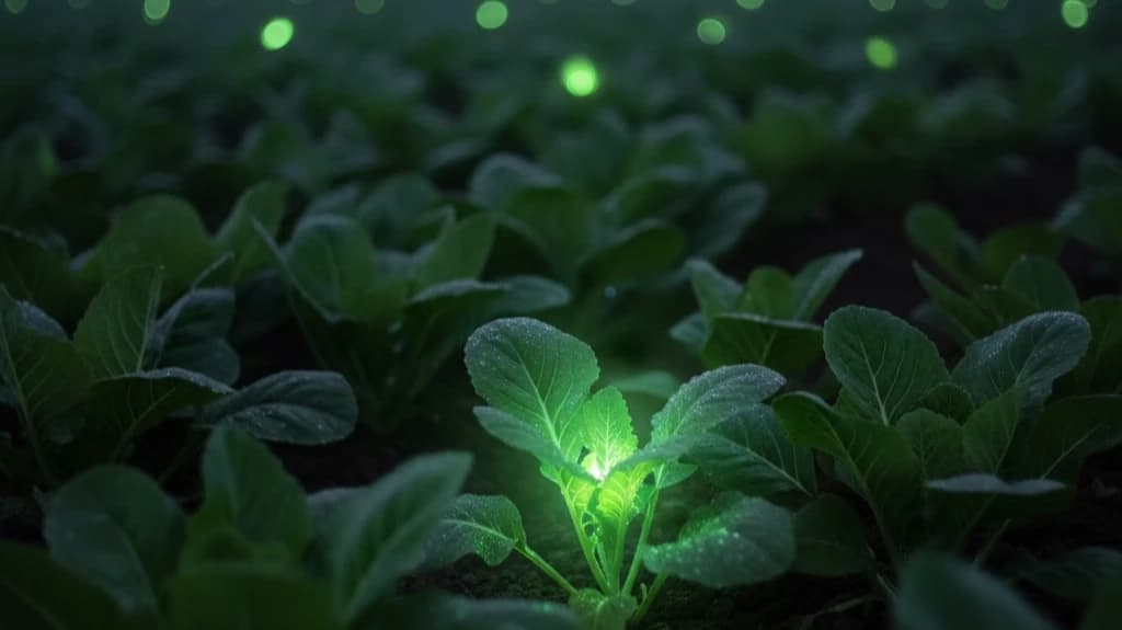 夜の農地で緑色に発光する葉物野菜